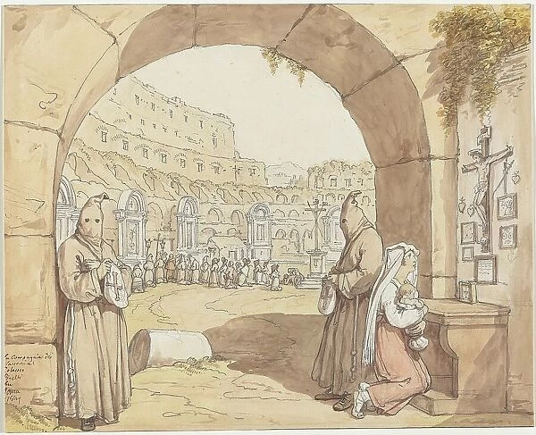 La Compagnia dei sacconi al Colosseo (Penitents Praying at Altars in the Colosseum), 1829. Creator: Bartolomeo Pinelli