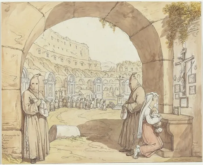 Framed Print : La Compagnia dei sacconi al Colosseo (Penitents Praying at Altars in the Colosseum), 1829. Creator: Bartolomeo Pinelli Framed Print : La Compagnia dei sacconi al Colosseo (Penitents Praying at Altars in the Colosseum), 1829. Creator: Bartolomeo Pinelli