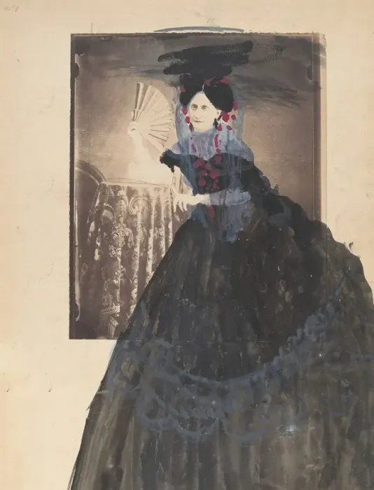 Framed Print : [La Comtesse at Table holding Fan], 1860s. Creator: Pierre-Louis Pierson
