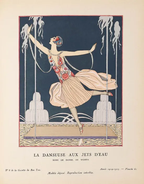 Framed Print : La Danseuse aux jets d'eau. Robe de danse, de Worth (La Gazette du Bon ton), 1925. Creator: Barbier, George (1882-1932) Framed Print : La Danseuse aux jets d'eau. Robe de danse, de Worth (La Gazette du Bon ton), 1925. Creator: Barbier, George (1882-1932)