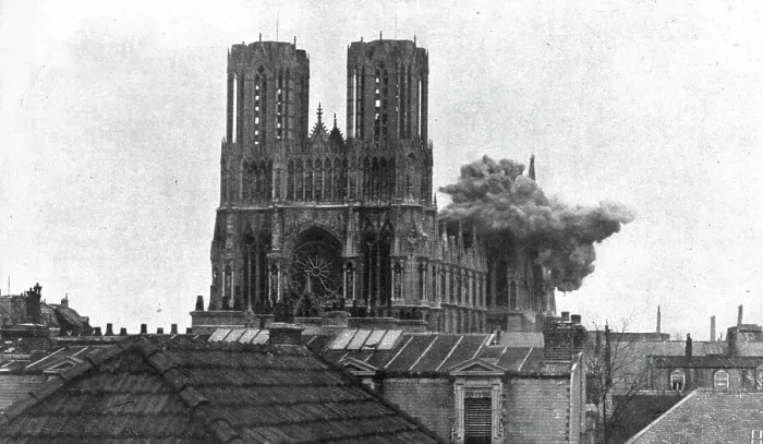 Framed Print : La destruction methodique de Reims; L'eclatement d'un obus de gros calibre sur le transept... 1917 Creator: Unknown Framed Print : La destruction methodique de Reims; L'eclatement d'un obus de gros calibre sur le transept... 1917 Creator: Unknown