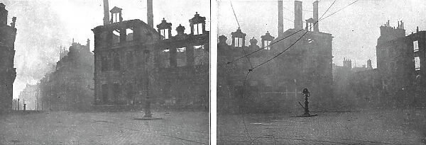 La destruction methodique de Reims; L'Hotel de Ville en feu, apres le bombardement du 3 ma... 1917 Creator: Unknown