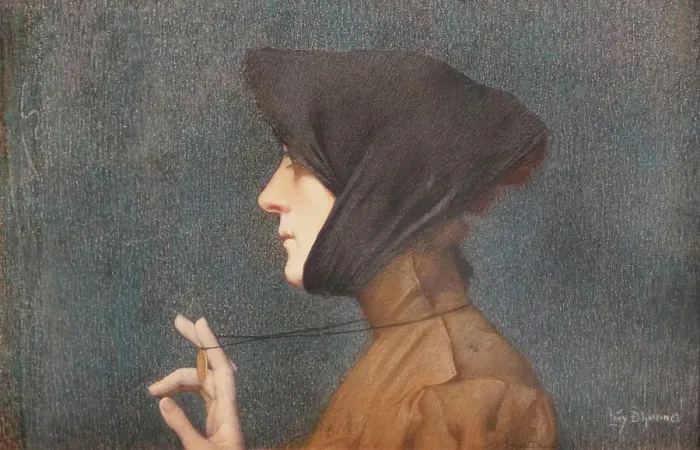 Framed Print : La Femme à la médaille. (Mystère), 1896. Creator: Lévy-Dhurmer; Lucien (1865-1953) Framed Print : La Femme à la médaille. (Mystère), 1896. Creator: Lévy-Dhurmer; Lucien (1865-1953)