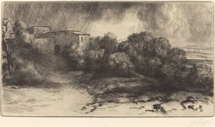 Framed Print : La Ferme de Brieux (Effect d orage) (Farm at Brieux in a Storm). Creator: Alphonse Legros Framed Print : La Ferme de Brieux (Effect d orage) (Farm at Brieux in a Storm). Creator: Alphonse Legros