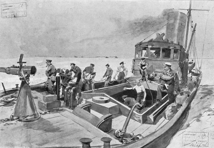 Framed Print : La flotte d'avant-garde; le dragage des mines. Batiment auxiliare a la recherche des sous... 1916. Creator: Frederic de Haenen Framed Print : La flotte d'avant-garde; le dragage des mines. Batiment auxiliare a la recherche des sous... 1916. Creator: Frederic de Haenen