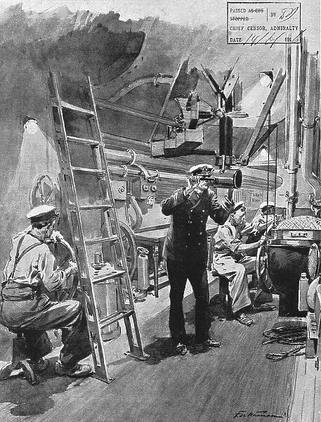 La flotte d'avant-garde; le poste de manoeuvre d'un sous-marin britannique en plongee... 1916. Creator: Frederic de Haenen