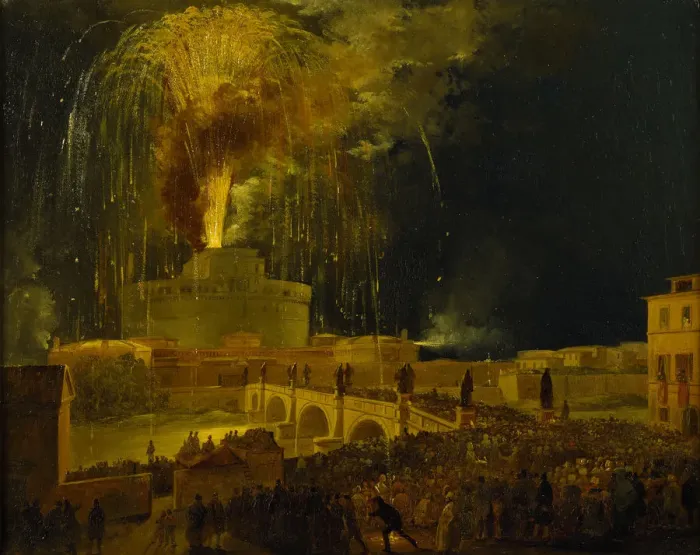 Framed Print : La Girandola: Fireworks at Castel Sant Angelo in Rome, 1830s. Creator: Caffi, Ippolito (1814-1866) Framed Print : La Girandola: Fireworks at Castel Sant Angelo in Rome, 1830s. Creator: Caffi, Ippolito (1814-1866)