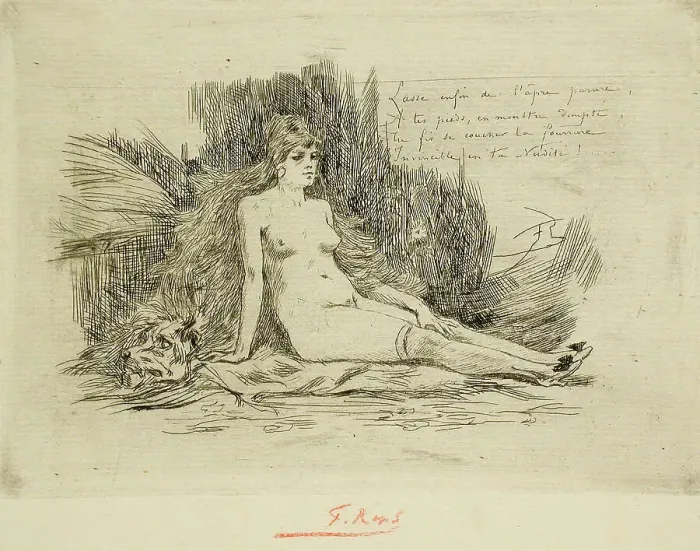 Framed Print : La Grande Femme à la fourrure, assise, 1878. Creator: Félicien Rops Framed Print : La Grande Femme à la fourrure, assise, 1878. Creator: Félicien Rops