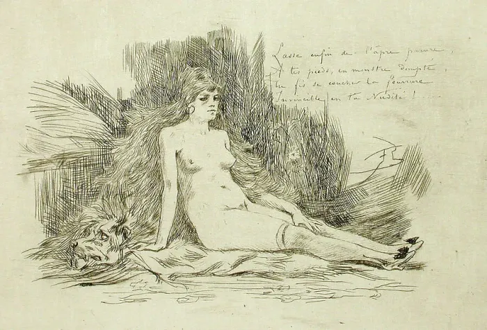 Framed Print : La Grande Femme à la fourrure, assise, 1878. Creator: Félicien Rops Framed Print : La Grande Femme à la fourrure, assise, 1878. Creator: Félicien Rops