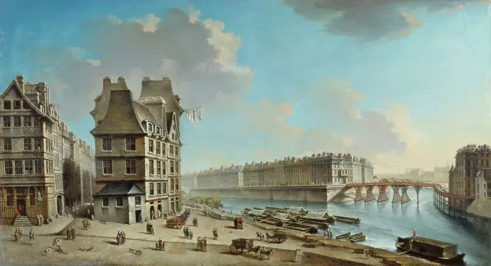 Framed Print : La Greve, Ile Saint-Louis and the Pont Rouge, seen from Place de la Greve, c1754. Creator: Nicolas Raguenet Framed Print : La Greve, Ile Saint-Louis and the Pont Rouge, seen from Place de la Greve, c1754. Creator: Nicolas Raguenet
