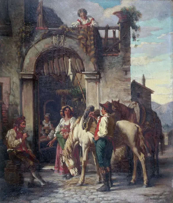 Framed Print : La halte des chevaux à l'auberge, c.1860. Creator: Auguste Dutuit