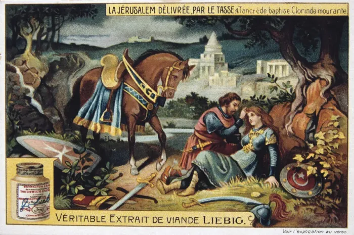 Framed Print : La Jerusalem deliveree par le Tasse, Tancrede baptises the dying Clorinde. 19th Century Framed Print : La Jerusalem deliveree par le Tasse, Tancrede baptises the dying Clorinde. 19th Century