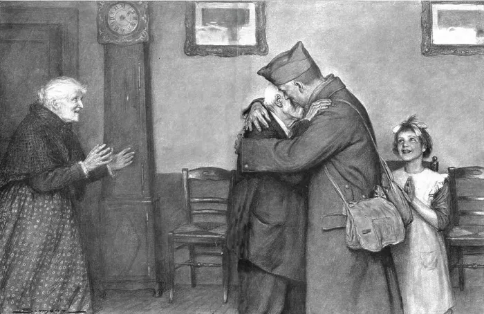 Framed Print : La joie dans les Foyers; Le retour du prisonnier, 1918. Creator: J Simont Framed Print : La joie dans les Foyers; Le retour du prisonnier, 1918. Creator: J Simont