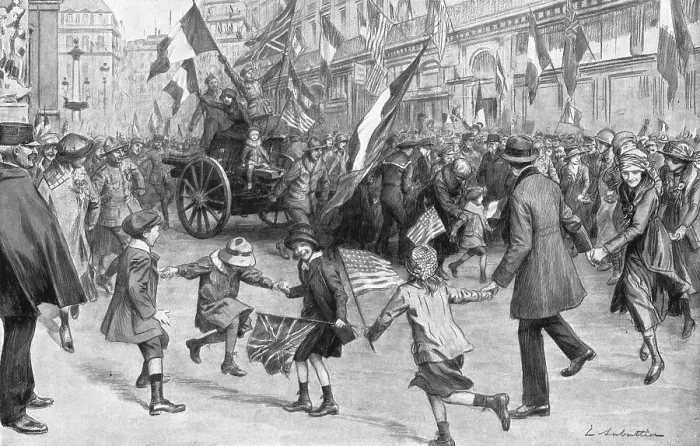 Framed Print : La joie de Paris; Des canons de campagne allemands, qui avaient ete reunis place de la... 1918. Creator: Louis Remy Sabattier