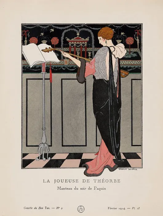 Framed Print : La Joueuse de Théorbe, Manteau du soir de Paquin (La Gazette du Bon ton), 1914. Creator: Barbier, George (1882-1932) Framed Print : La Joueuse de Théorbe, Manteau du soir de Paquin (La Gazette du Bon ton), 1914. Creator: Barbier, George (1882-1932)