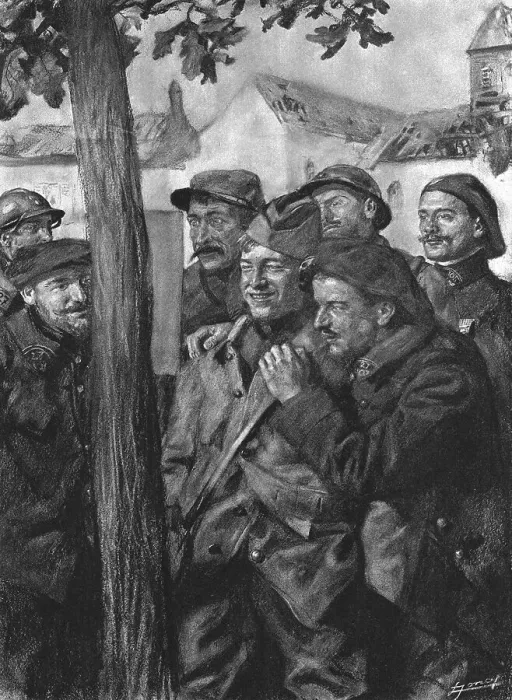 Framed Print : La lecture au cantonnement d'un bon communique, 1916. Creator: Lucien Jonas Framed Print : La lecture au cantonnement d'un bon communique, 1916. Creator: Lucien Jonas