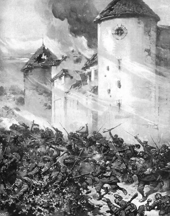 Framed Print : La lutte au Centre; La Garde Prussienne enfoncee sous les murs du chateau de Mondement, 1914. Creator: Unknown Framed Print : La lutte au Centre; La Garde Prussienne enfoncee sous les murs du chateau de Mondement, 1914. Creator: Unknown