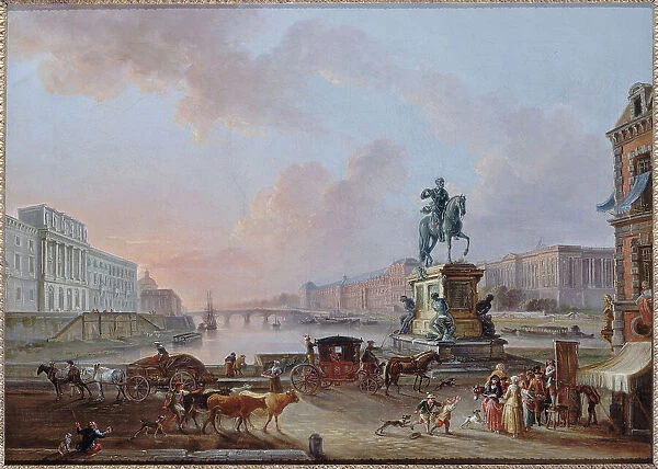 La Monnaie, Le Pont Royal and the Louvre, viewed from the Pont-Neuf, around 1775, c1775. Creator: Jean-Baptiste Lallemand