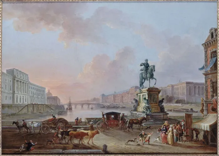 Framed Print : La Monnaie, Le Pont Royal and the Louvre, viewed from the Pont-Neuf, around 1775, c1775. Creator: Jean-Baptiste Lallemand Framed Print : La Monnaie, Le Pont Royal and the Louvre, viewed from the Pont-Neuf, around 1775, c1775. Creator: Jean-Baptiste Lallemand