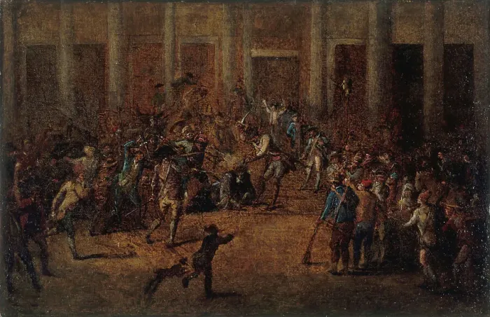 Framed Print : La mort de Flesselles, prévôt des marchands, devant l'Hôtel de Ville, le 14 juillet 1789. Creator: Jean-Baptiste Lallemand Framed Print : La mort de Flesselles, prévôt des marchands, devant l'Hôtel de Ville, le 14 juillet 1789. Creator: Jean-Baptiste Lallemand