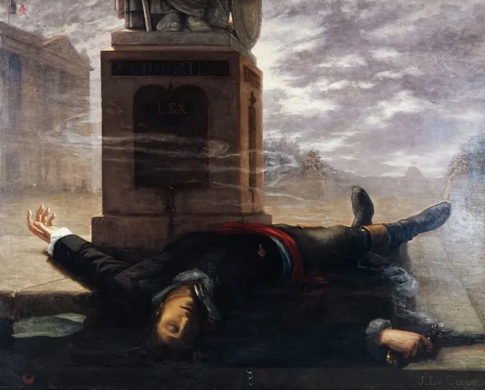 Framed Print : La mort de Victor Bach, le 18 brumaire, au pied de la statue de la Liberté, place de la... c1895. Creator: J Le coeur Framed Print : La mort de Victor Bach, le 18 brumaire, au pied de la statue de la Liberté, place de la... c1895. Creator: J Le coeur