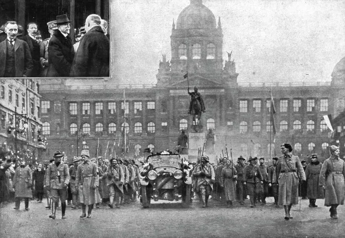 Framed Print : La Nouvelle Europe; la republique Tchecoslovaque; L'entrée a Prague du president Mazaryk... 1918. Creator: Pragaphot Framed Print : La Nouvelle Europe; la republique Tchecoslovaque; L'entrée a Prague du president Mazaryk... 1918. Creator: Pragaphot