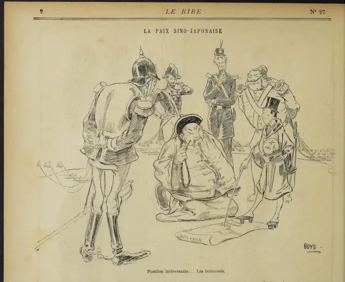 Framed Print : La paix sino-japonaise, Position interessante. Les interesses. From: Le Rire, May 11, 1895, 1895 Framed Print : La paix sino-japonaise, Position interessante. Les interesses. From: Le Rire, May 11, 1895, 1895