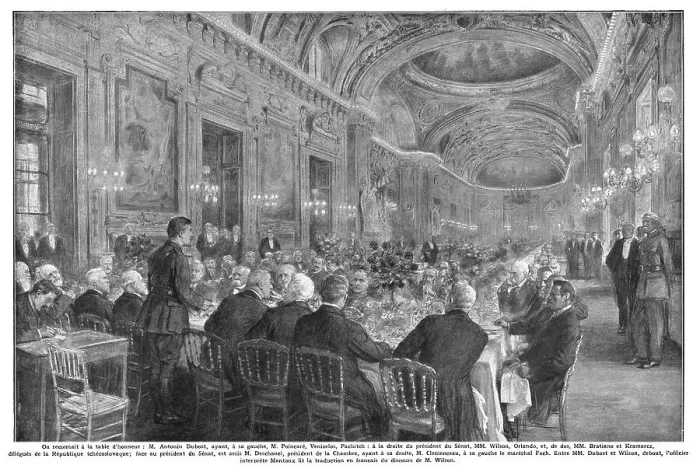 Framed Print : La Paix Victorieuse; La reception de M Wilson au Senat Francais: Le dejeuner offert... 1919. Creator: J Simont Framed Print : La Paix Victorieuse; La reception de M Wilson au Senat Francais: Le dejeuner offert... 1919. Creator: J Simont