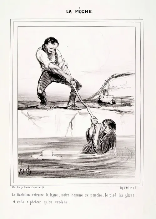 Framed Print : La Peche. Le Barbillon entraine la ligne.. 1840. Creator: Honore Daumier Framed Print : La Peche. Le Barbillon entraine la ligne.. 1840. Creator: Honore Daumier