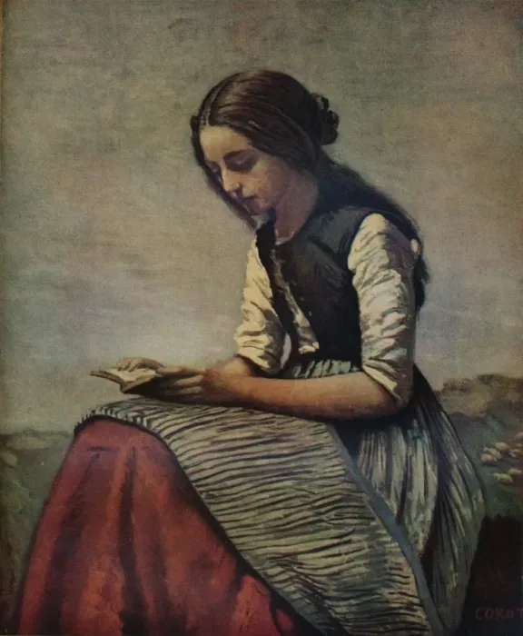 Framed Print : La petite Liseuse ou Jeune bergere assise et lisant, c1855. Artist: Jean-Baptiste-Camille Corot Framed Print : La petite Liseuse ou Jeune bergere assise et lisant, c1855. Artist: Jean-Baptiste-Camille Corot