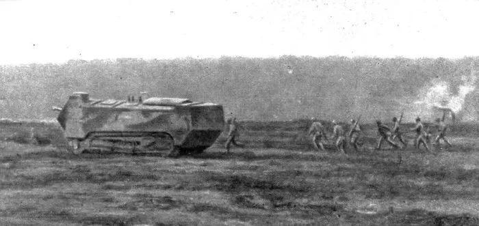 Framed Print : De la Picardie au Chemin des Dames; un char d'assaut au milieu d'une vague d'infanterie, 1918. Creator: Unknown Framed Print : De la Picardie au Chemin des Dames; un char d'assaut au milieu d'une vague d'infanterie, 1918. Creator: Unknown