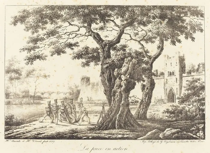 Framed Print : La piece en action, 1817. Creator: Emile Jean-Horace Vernet Framed Print : La piece en action, 1817. Creator: Emile Jean-Horace Vernet