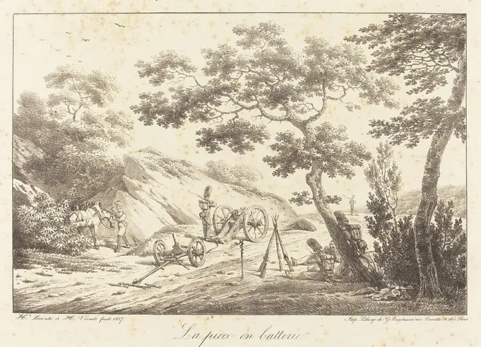 Framed Print : La piece en batterie, 1817. Creator: Emile Jean-Horace Vernet Framed Print : La piece en batterie, 1817. Creator: Emile Jean-Horace Vernet