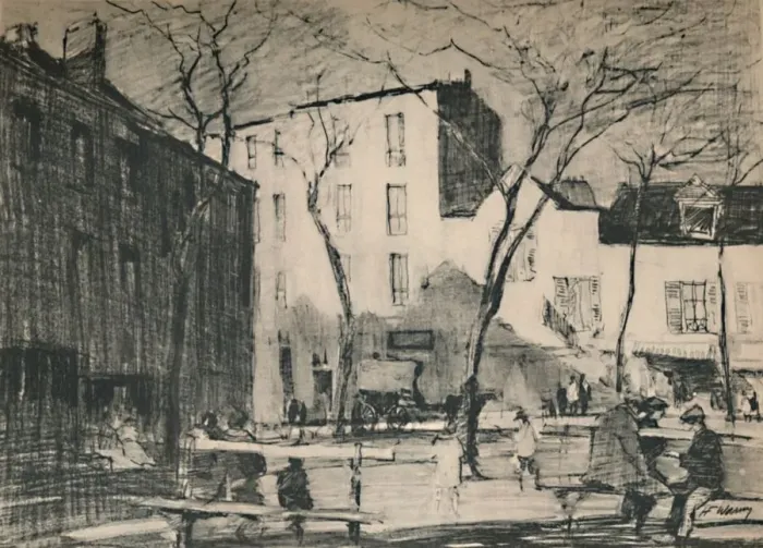 Framed Print : La Place Du Tertre An untouched village square. c1927, (1927). Artist: Henry Franks Waring Framed Print : La Place Du Tertre An untouched village square. c1927, (1927). Artist: Henry Franks Waring