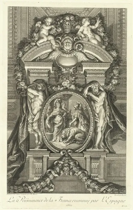 Framed Print : La Prééminence de la France reconnue par l'Espagne 1662 (The Preeminance... [pl. 17], pub.1752. Creators: Jean-Baptiste Masse, Francois Bernard Lepicie)