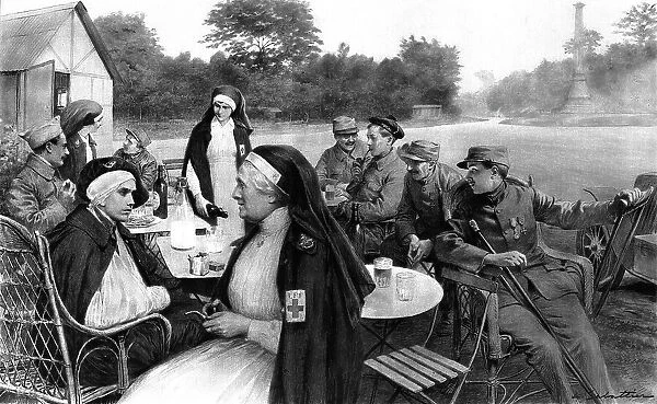 La promenade des blesses; Un verre de biere ou de lait au carrefour de la Croix de Noailles, 1916 Creator: Unknown