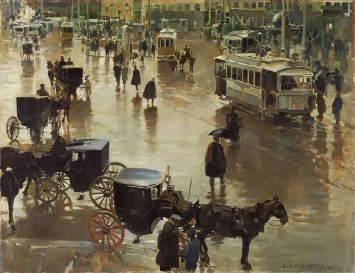 Framed Print : La Puerta del Sol, Madrid. Artist: Martinez Cubells, Enrique (1874-1947) Framed Print : La Puerta del Sol, Madrid. Artist: Martinez Cubells, Enrique (1874-1947)