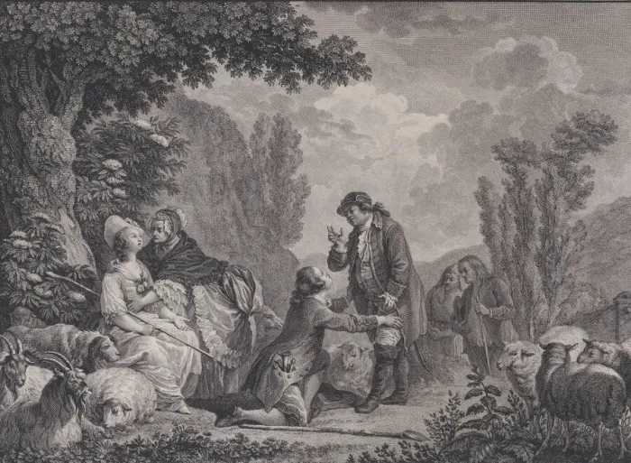 Framed Print : La reconoissance de Fonrose, 1786. Creator: Robert de Launay Framed Print : La reconoissance de Fonrose, 1786. Creator: Robert de Launay