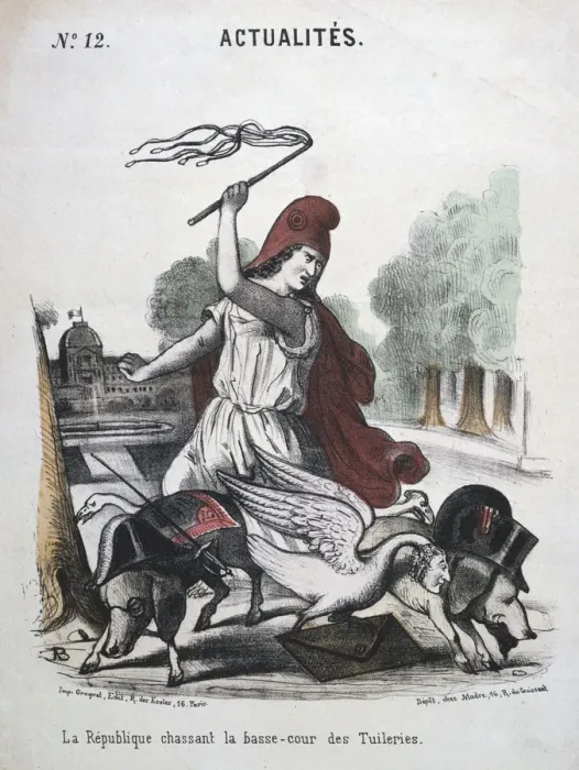 Framed Print : La Republique Chassant la Basse-cour des Tuilleries, allegorical cartoon, 1870-1871 Framed Print : La Republique Chassant la Basse-cour des Tuilleries, allegorical cartoon, 1870-1871