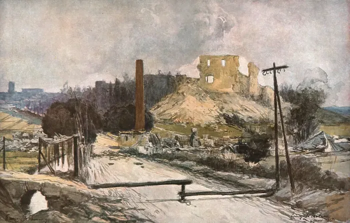 Framed Print : La retraite allemande (mars 1917). Coucy-le Chateau apres la destruction allemande, 1917. Creator: Francois Flameng Framed Print : La retraite allemande (mars 1917). Coucy-le Chateau apres la destruction allemande, 1917. Creator: Francois Flameng