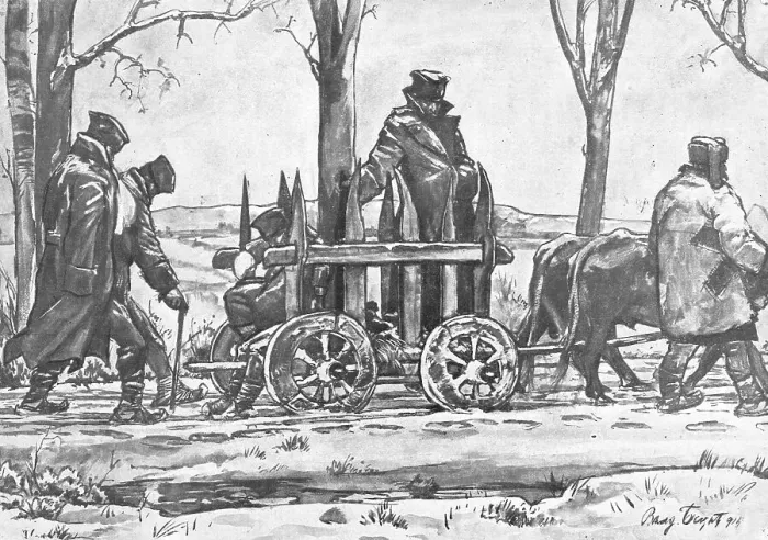 Framed Print : La Retraite Serbie; transport de blesses sur une charrette macedonienne. 1916. Creator: Vladimir Betzitch Framed Print : La Retraite Serbie; transport de blesses sur une charrette macedonienne. 1916. Creator: Vladimir Betzitch