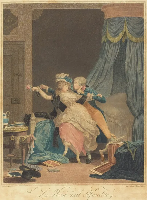 Framed Print : La Rose mal defendue (The Poorly Defended Rose), 1791. Creator: Debucourt, Philibert-Louis (1755-1832) Framed Print : La Rose mal defendue (The Poorly Defended Rose), 1791. Creator: Debucourt, Philibert-Louis (1755-1832)