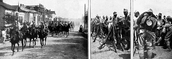 La Roumanie dans la Guerre; Troupes de cavalerie et d'infanterie roumaines partant pour le front, Creator: Unknown