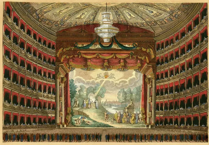 Framed Print : La Scala opera house in Milan, Festive Interior. Curtain design by Angelo Monticelli, c 1830. Creator: Anonymous Framed Print : La Scala opera house in Milan, Festive Interior. Curtain design by Angelo Monticelli, c 1830. Creator: Anonymous