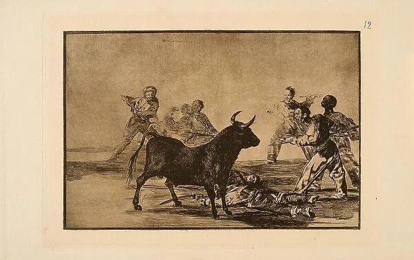 La Tauromaquia: The Rabble Hamstring the Bull with Lances, Sickles, Banderillas and..., 1815-1816. Creator: Goya, Francisco, de (1746-1828)