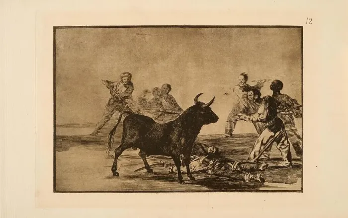 Framed Print : La Tauromaquia: The Rabble Hamstring the Bull with Lances, Sickles, Banderillas and... 1815-1816. Creator: Goya, Francisco, de (1746-1828) Framed Print : La Tauromaquia: The Rabble Hamstring the Bull with Lances, Sickles, Banderillas and... 1815-1816. Creator: Goya, Francisco, de (1746-1828)