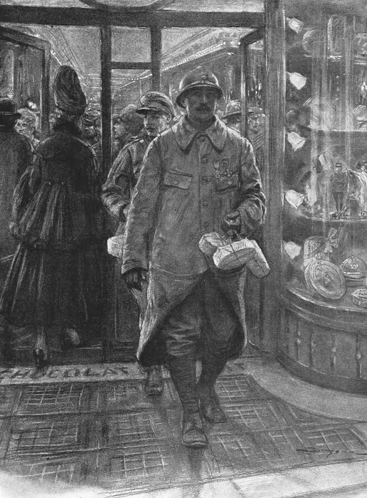 Framed Print : La treve des confiseurs; L'homme des tranchees, venu a Paris en permission de... 1916. Creator: J Simont Framed Print : La treve des confiseurs; L'homme des tranchees, venu a Paris en permission de... 1916. Creator: J Simont