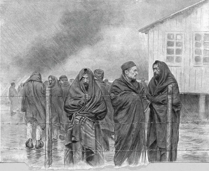 Framed Print : La vie de nos prisonniers; au meme camp: convalescents, enveloppes dans des couvertures.... Creator: Unknown Framed Print : La vie de nos prisonniers; au meme camp: convalescents, enveloppes dans des couvertures.... Creator: Unknown