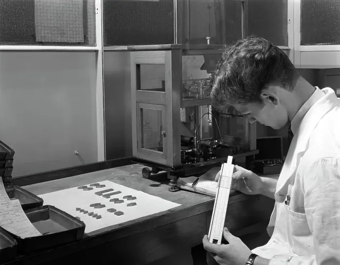 Framed Print : Lab technician with a slide rule, Edgar Allens steel foundry, Sheffield, South Yorkshire, 1962 Framed Print : Lab technician with a slide rule, Edgar Allens steel foundry, Sheffield, South Yorkshire, 1962