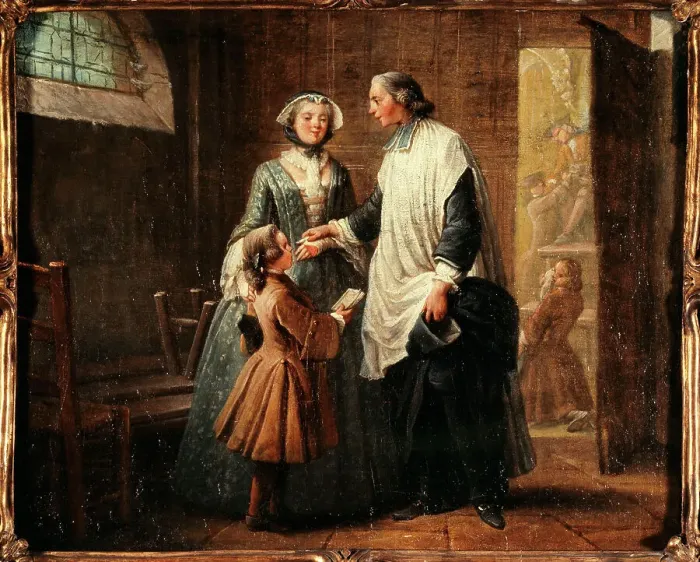Framed Print : L'Abbé de Catéchisme recevant un enfant amené par sa sœur, c1750. Creator: Pierre Louis Dumesnil Framed Print : L'Abbé de Catéchisme recevant un enfant amené par sa sœur, c1750. Creator: Pierre Louis Dumesnil